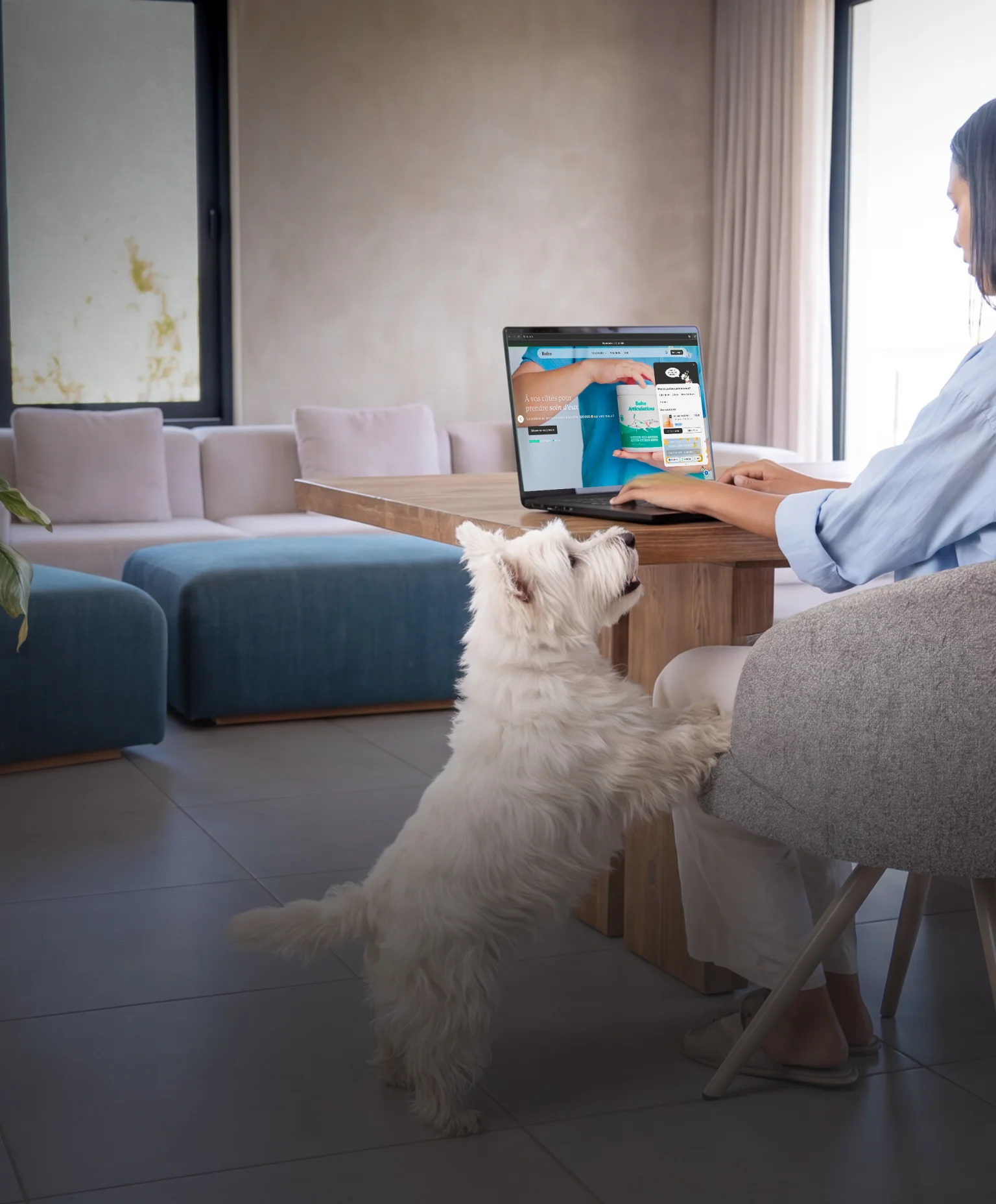 Una clienta de Balto consulta la web en su portátil, con su perro al lado