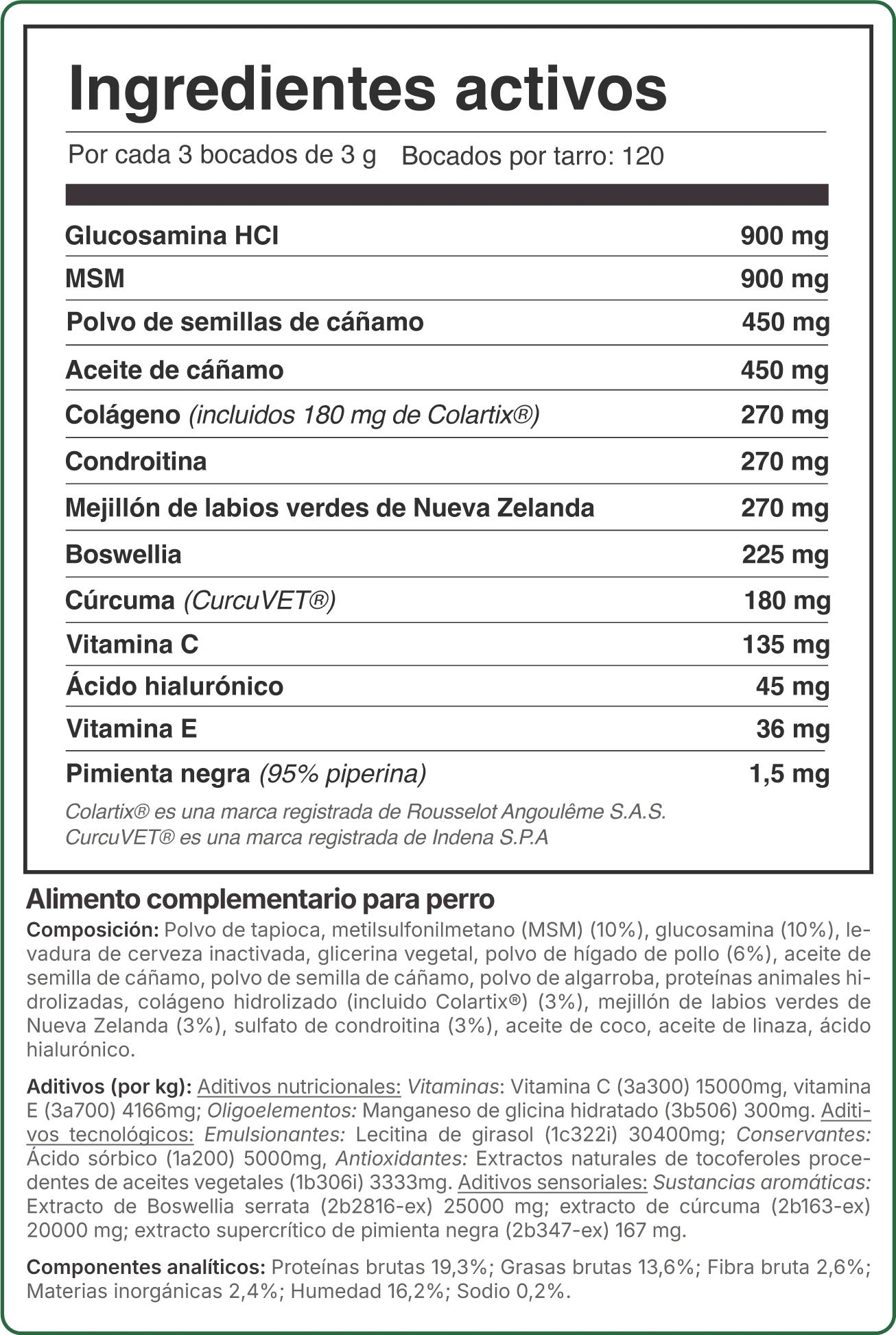 Lista completa de ingredientes del Complemento Articulaciones Balto para perros