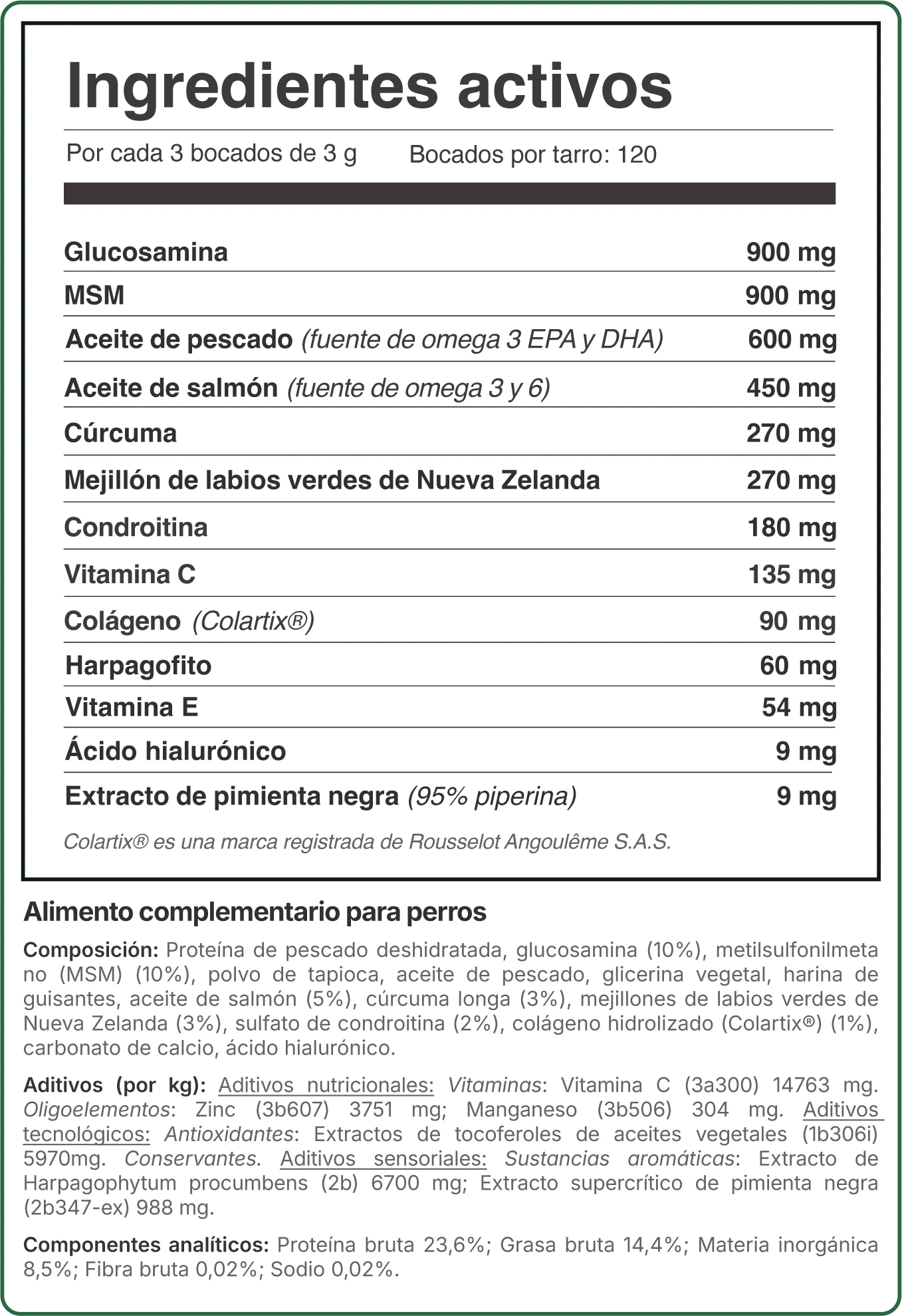 Lista completa de ingredientes del Complemento Articulaciones Salmón Balto para perros
