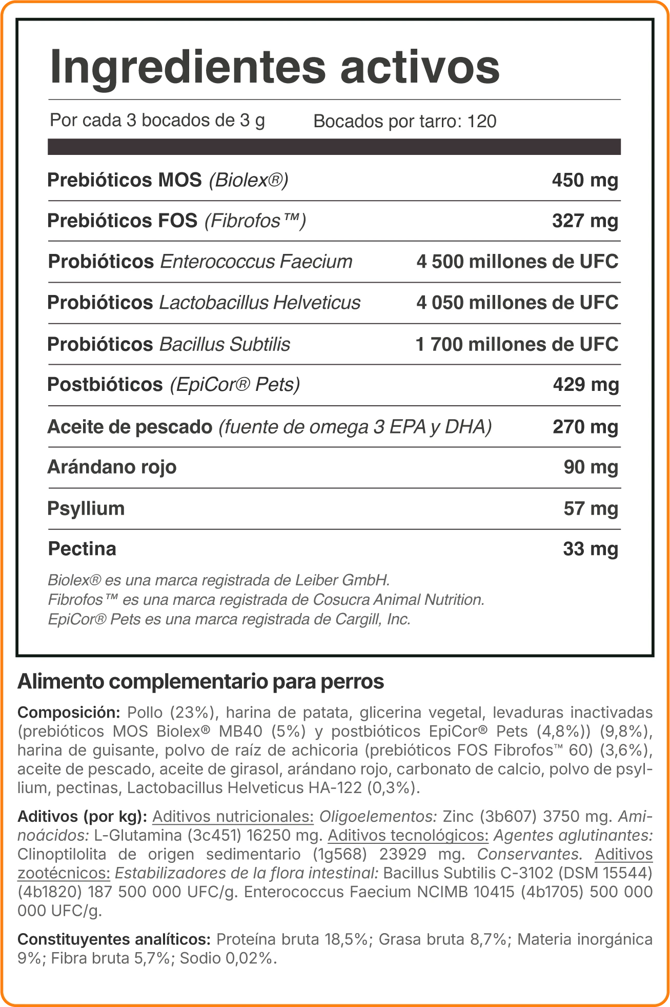Lista completa de ingredientes del Complemento Probióticos Balto para perros